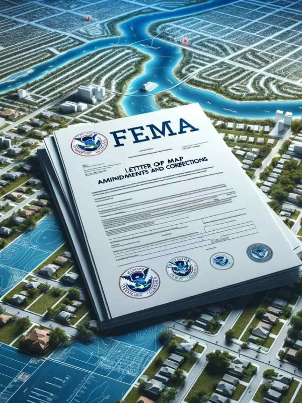 A FEMA document showcasing the No Rise LLC policy on top of a map of a city.