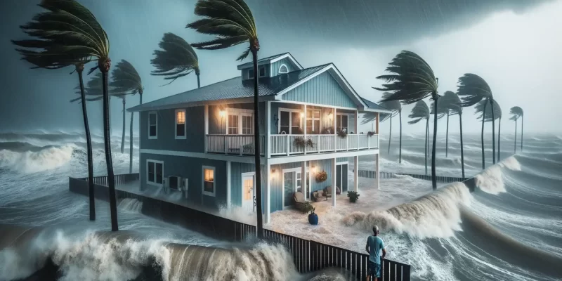 A house in the middle of a storm with palm trees blowing in the wind is captured in this compelling image by No Rise LLC.
